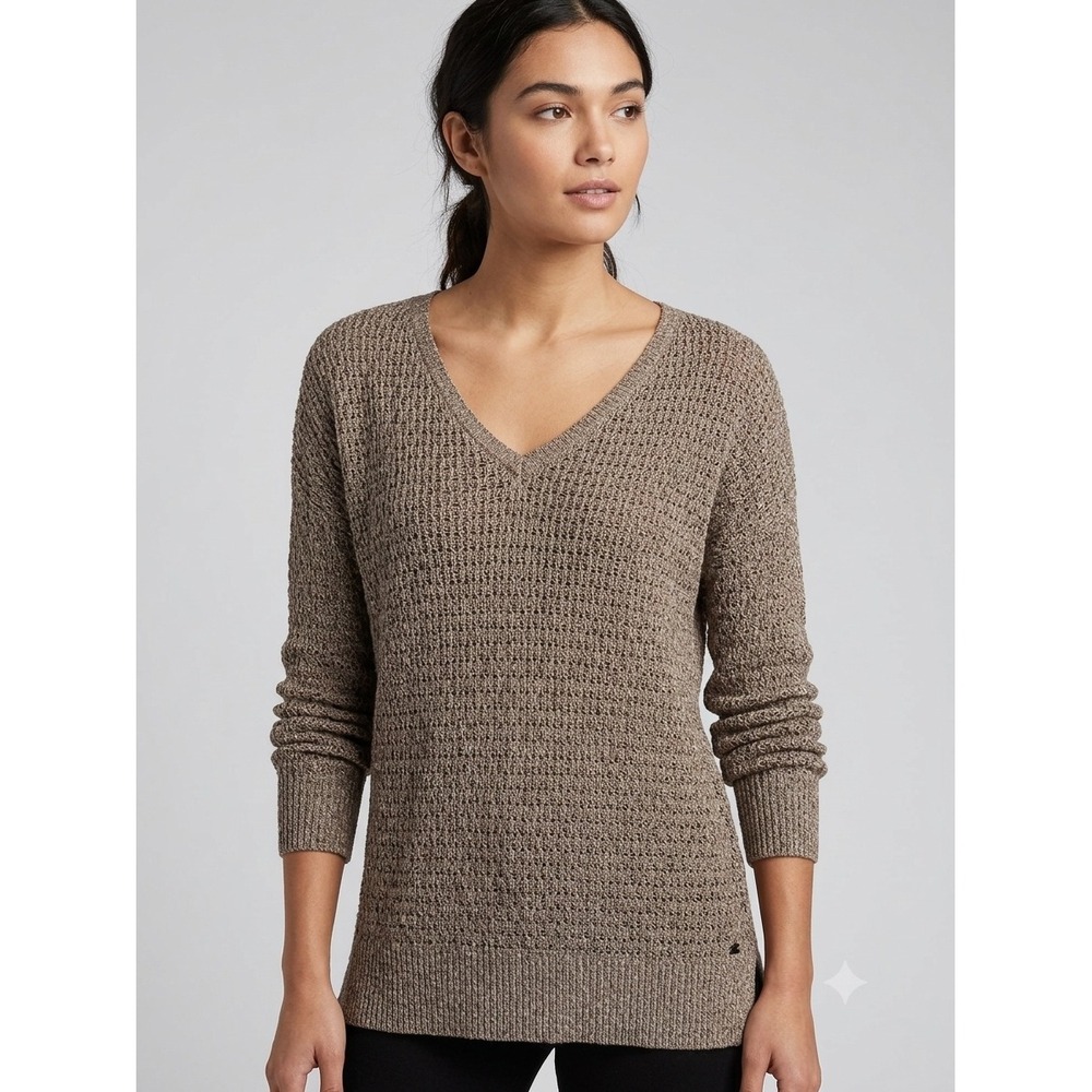 Bohemian Earthy Coastal Grandma Chic AEO V-Neck Open Knit Sweater Taupe Marl S